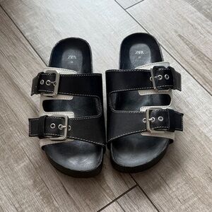 Zara Kids Black and White Dual-Buckle Slide Sandals